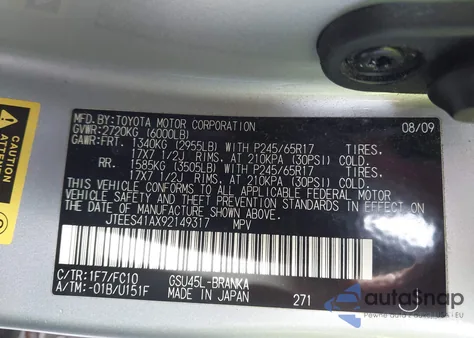 2009 Toyota Highlander z USA, uszkodzony, nr VIN JTEES41AX92149317